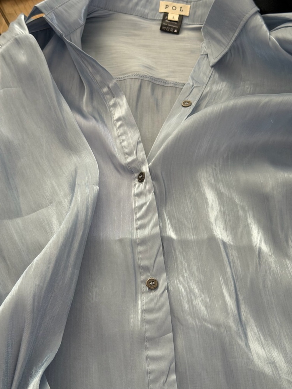 NWT POL oversize long sleeve button down/sides woven shirt shiny in cloudy ocean